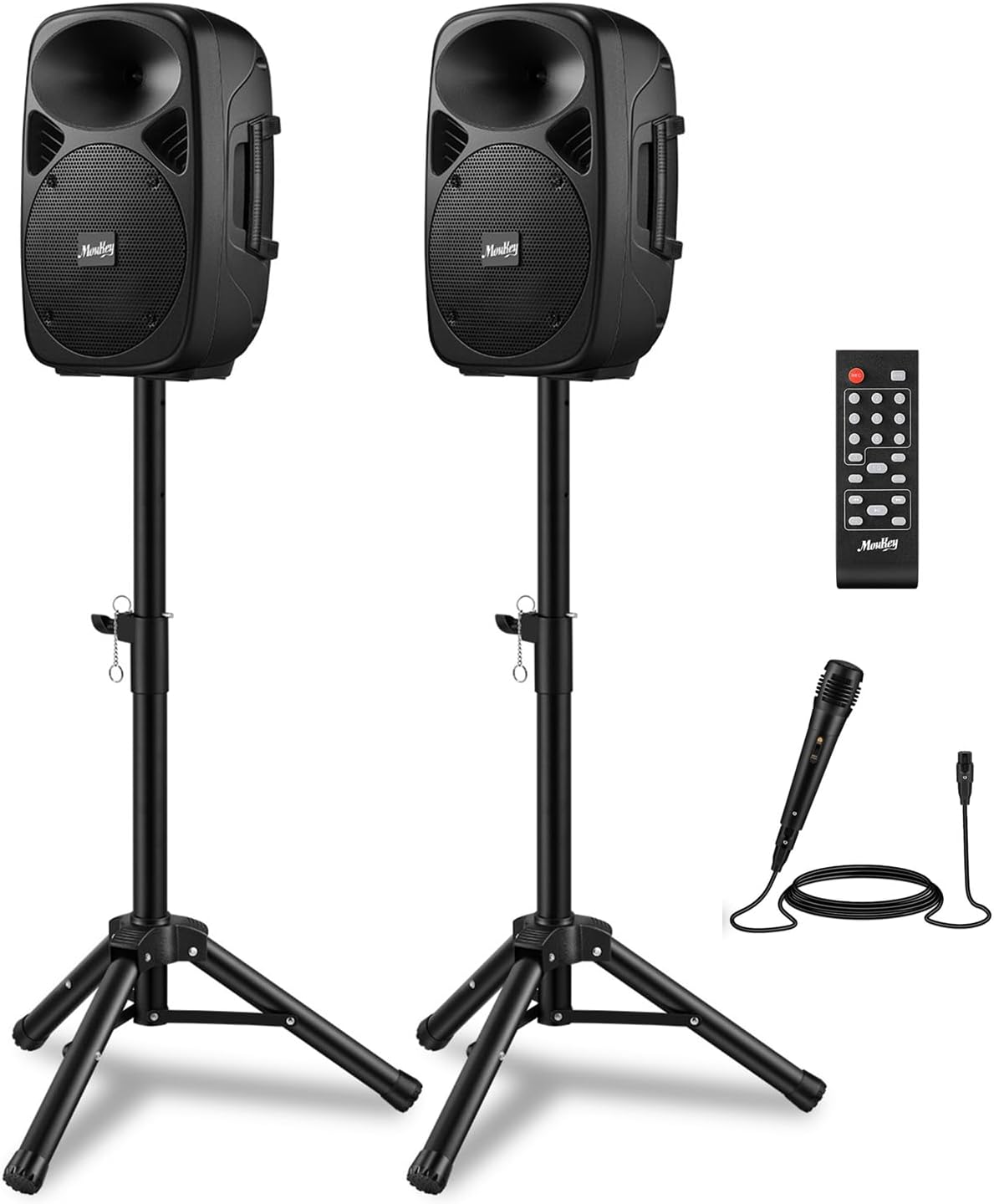 Moukey PA System, 8 Inch DJ Speakers 800W Peak with Rechargeable Battery, Bluetooth 5.0, Active & Passive Powered PA Speakers with USB/TF/FM/AUX/Mic Inputs, 2 Tripod Stands, Wired Mic, Remote