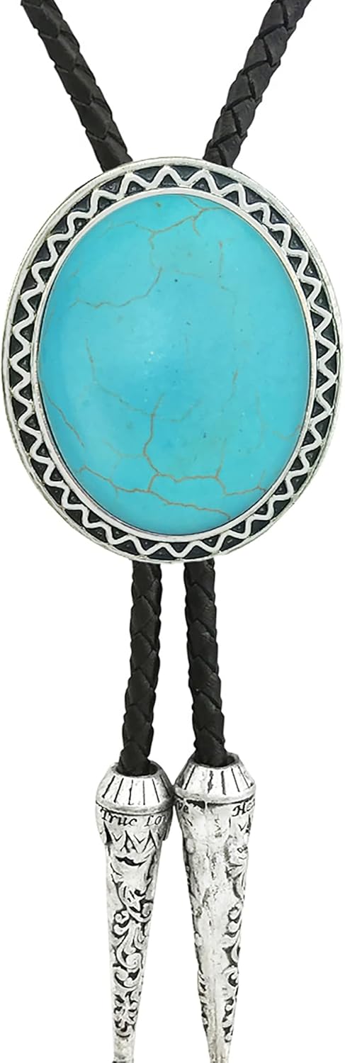 HAISWET Genunie Leather Native Western Turquoise Stone Bolo Tie Silver Tone
