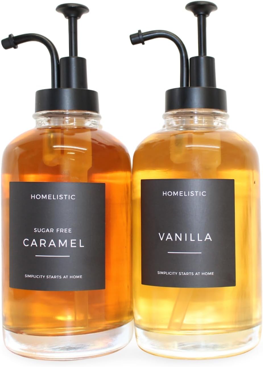 Syrup Dispenser for Coffee Bars, Set of 2 Glass Syrup Bottles with Black Pumps, 16.9 oz 500 ml, Coffee Bar Accessories, Includes Sugar Free Coffee Syrup Labels in Black