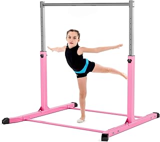 Mosebears Gymnastics Bar,Home Gymnastics Equipment for Kids Ages 3-15,Steady Steel Construction, Anti-Slip, Easy to Assemble, 3' to 5' Adjustable Height