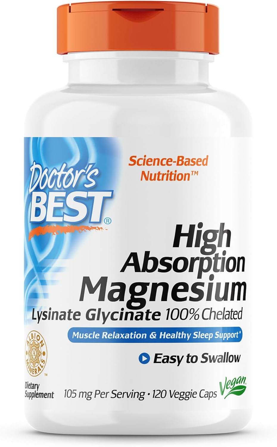 Doctor's Best High Absorption Magnesium Lysinate Glycinate Capsule, Easy to Swallow, 120 Ct