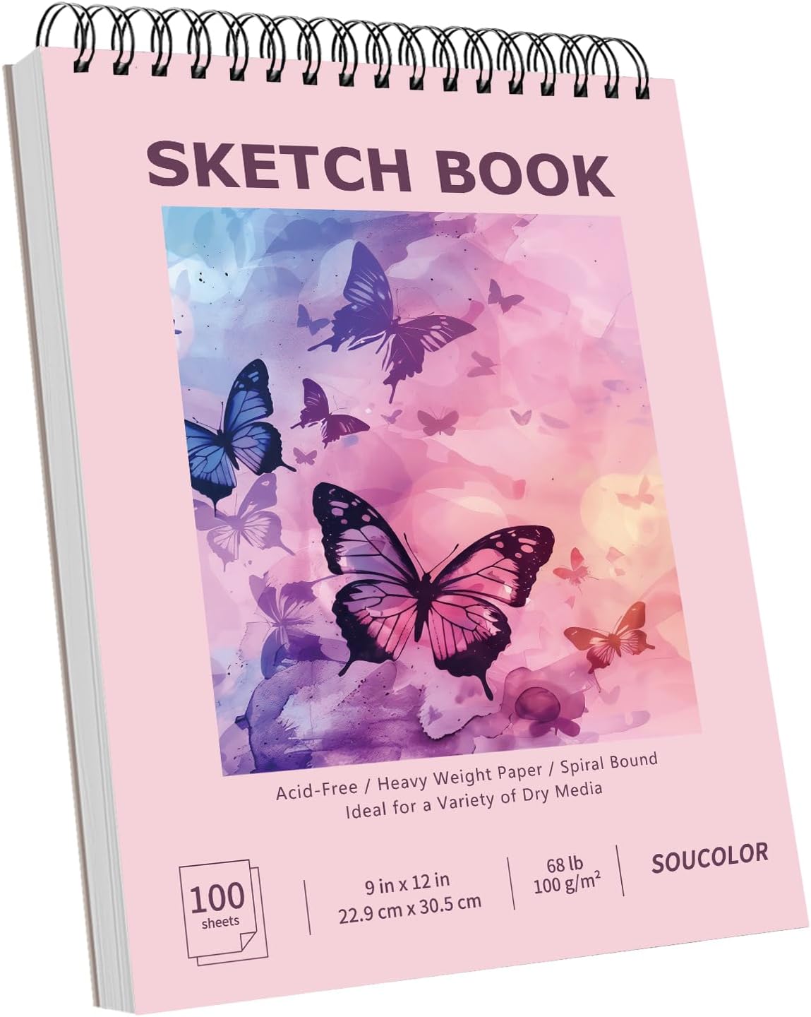 Soucolor 9" x 12" Cute Sketch Book, Aesthetic Cute Preppy Stuff School Supplies, 1-Pack 100 Sheets Spiral Bound Girls Sketchbook, (68lb/100gsm) Acid Free Drawing Book Paper Sketching Pad, Cute Pink