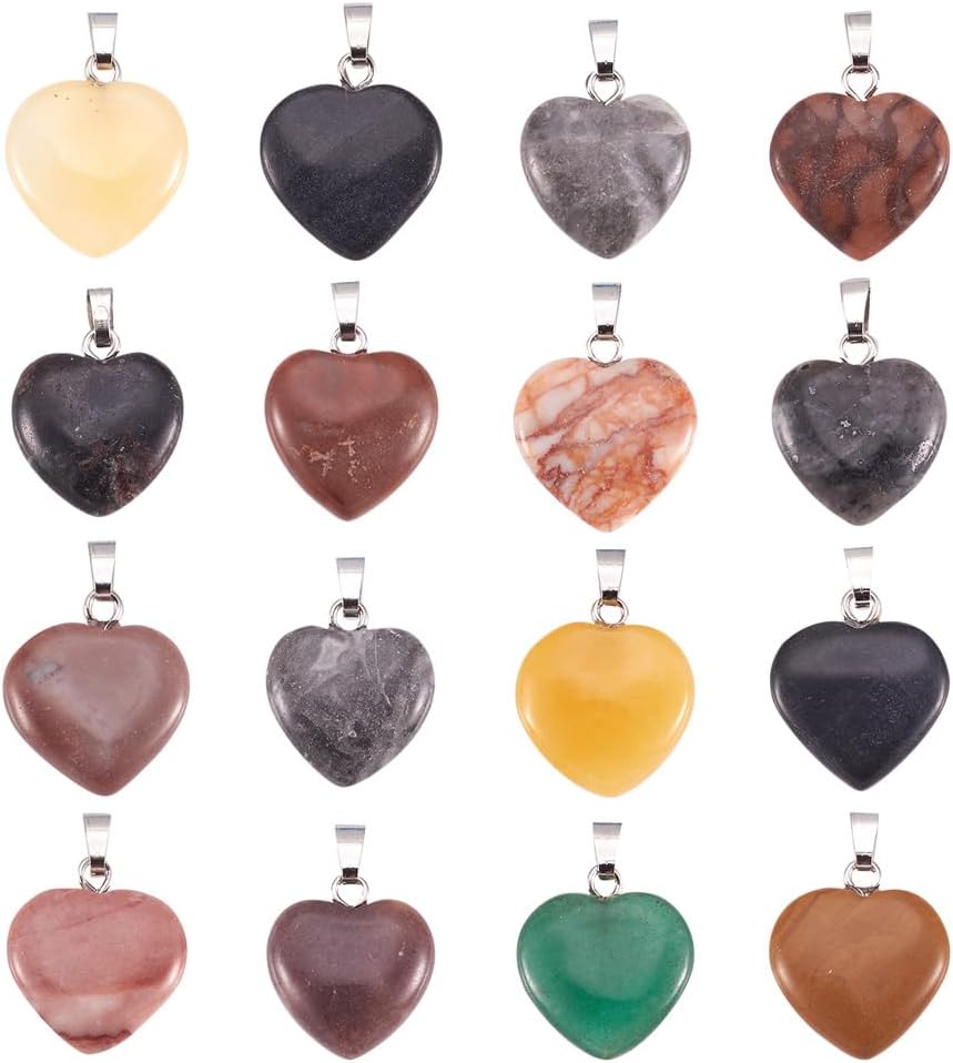 FASHEWELRY 20Pcs Heart Shaped Stone Pendants 15 Styles Healing Crystal Chakra Gemstone Rock Necklace Charms for Jewelry Making Hole: 2x5mm