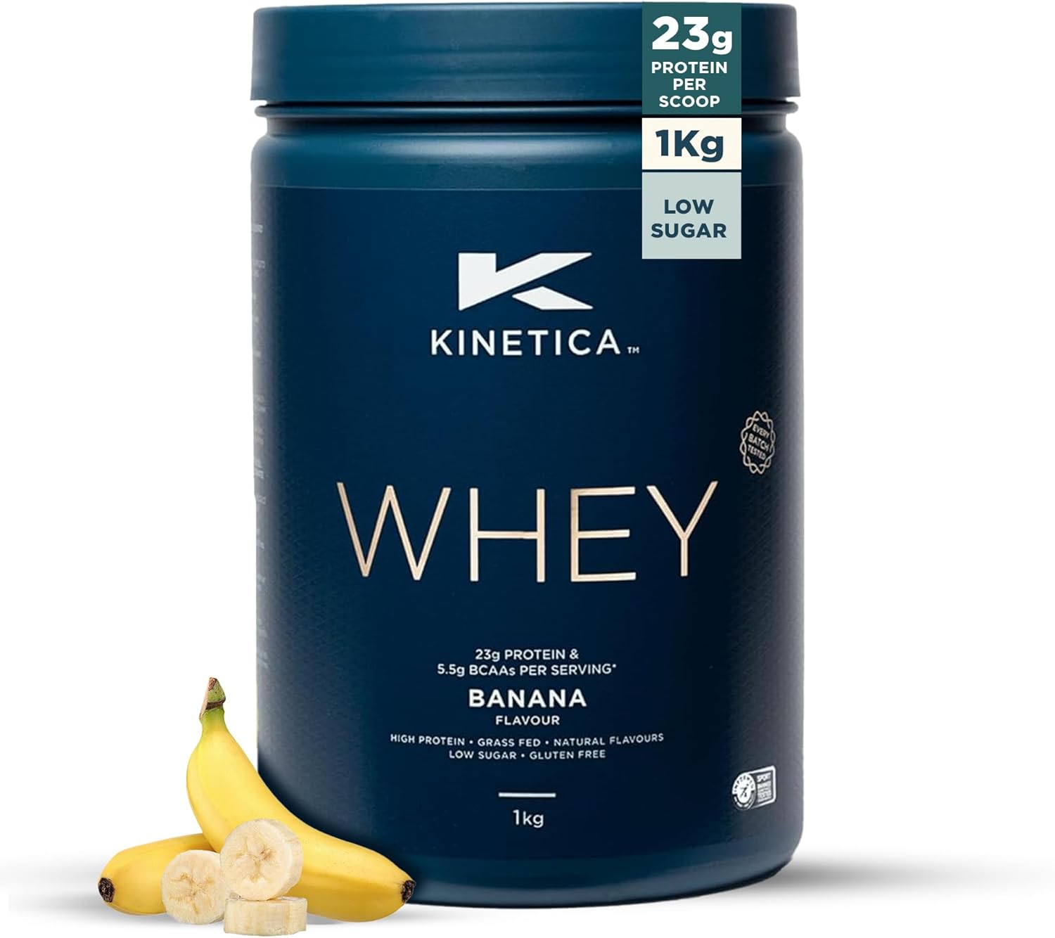 Kinetica Sports Whey Protein Powder - Banana Flavour | 23g Protein/Serve, 33 Servings/1Kg Pack | Gluten Free Supplement | Optimum for Muscle Growth & Recovery | Mixes Well with Water, Milk & Shakes