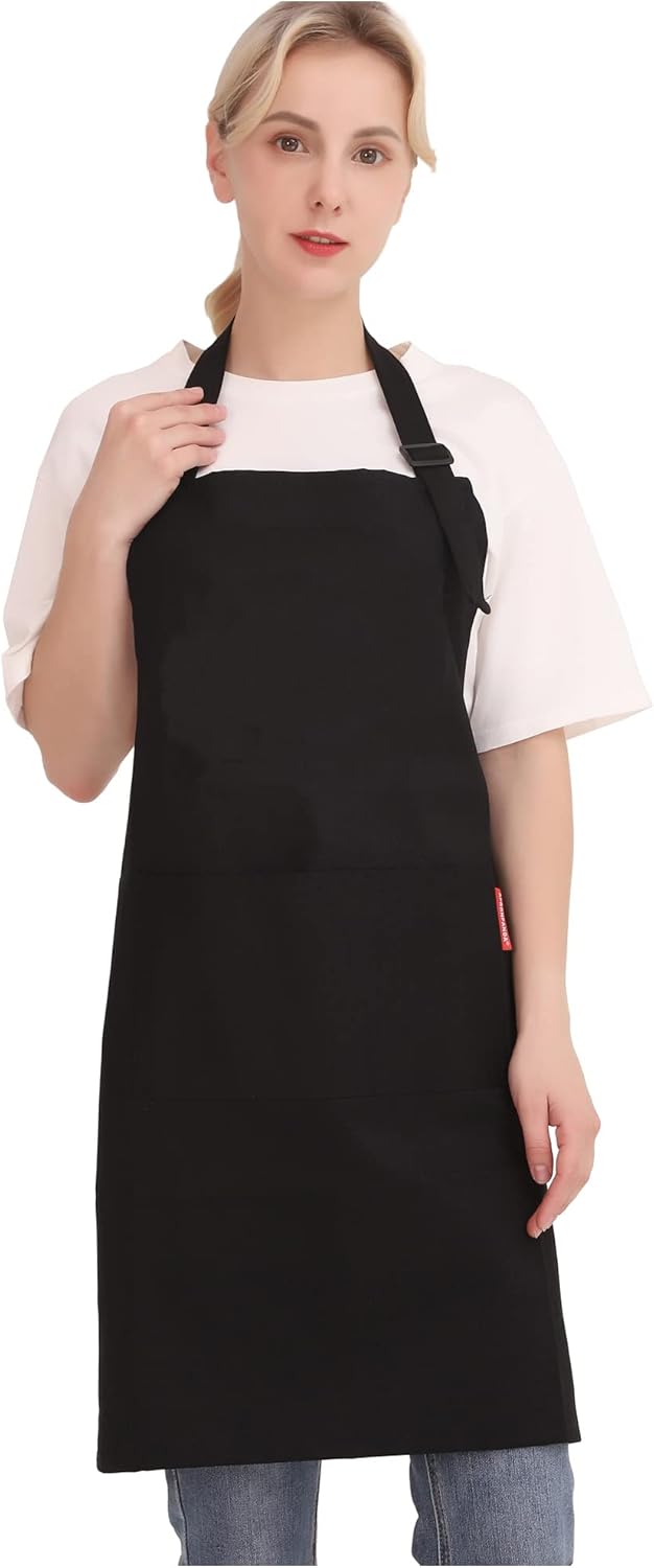 Professional Adjustable Black 100% Cotton Apron with 2 Pockets Cooking Kitchen Chef Women Men Aprons for Home Kitchen, Restaurant, Coffee House, Baking Gardening BBQ
