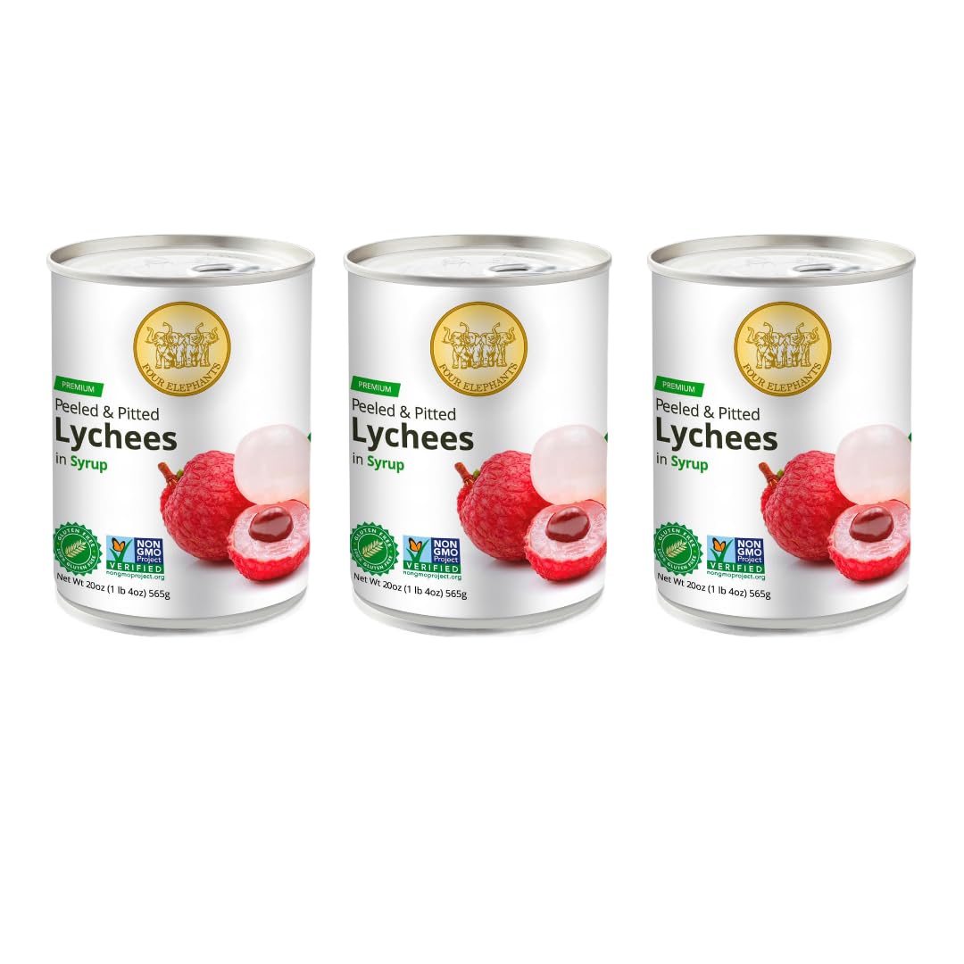 Premium Lychees in Syrup (3) - 20 oz | Natural Ingredient | Use For Mocktails, Cocktails, Drinks, Smoothies | Real Fruit Harvested At Peak Season | Four Elephants Brand | Non-GMO and Gluten-Free