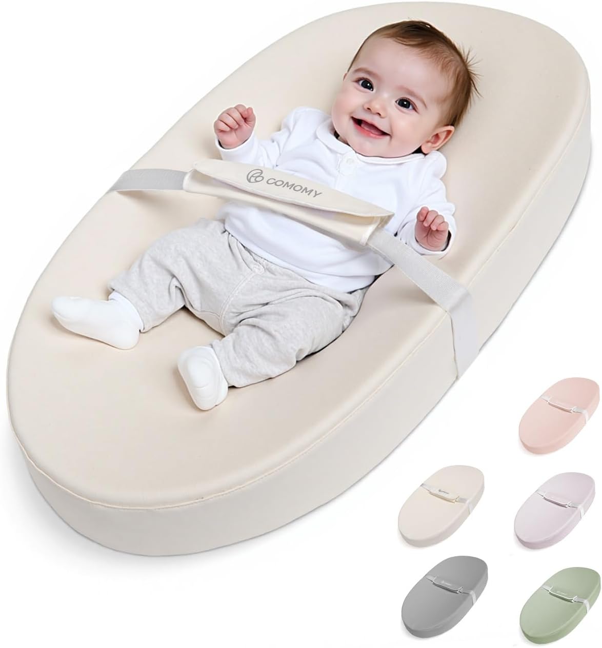 COMOMY Vegan Leather Nappy Baby Changing Mat with Waterproof and Wipeable PU Cover, Anti-Roll and Anti-Slip Diaper Chang Mat with Safety Straps, Portable Changing Pad, for Dresser and Table (Beige)
