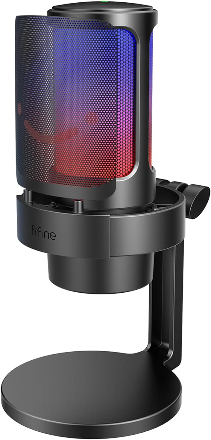 FIFINE Gaming Microphone, USB PC Mic for Streaming, Podcasts, Recording, Condenser Computer Desktop Mic on Mac, with RGB Control, Mute Touch, Headphone Jack, Pop Filter, Stand-AmpliGame A8