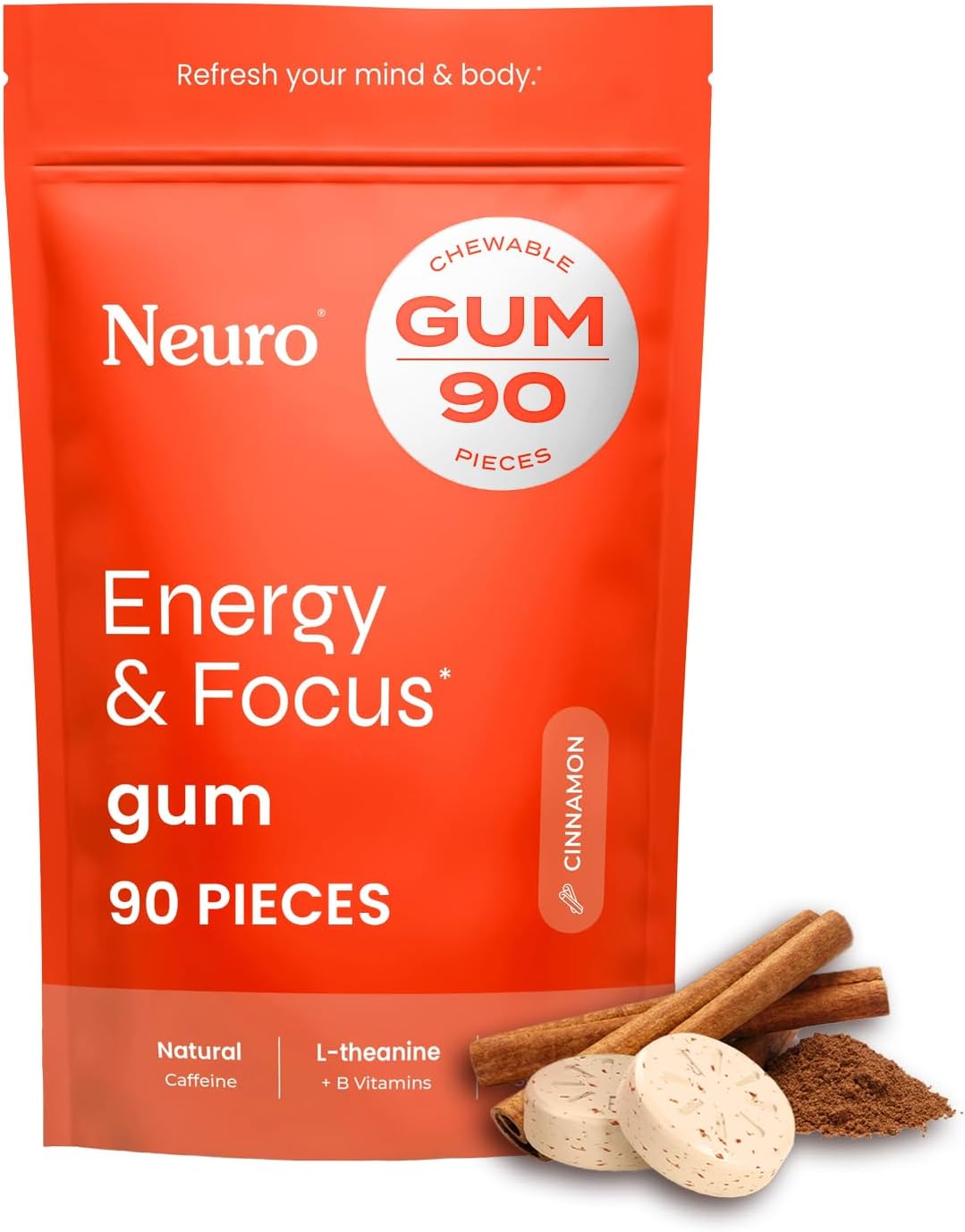 NeuroGum Energy & Focus Gum (Cinnamon, 90 Pieces) | 40mg Natural Caffeine + L-Theanine + Vitamin B12 & B6 + Xylitol | Sugar Free Nootropic Cognitive Brain Performance Supplement