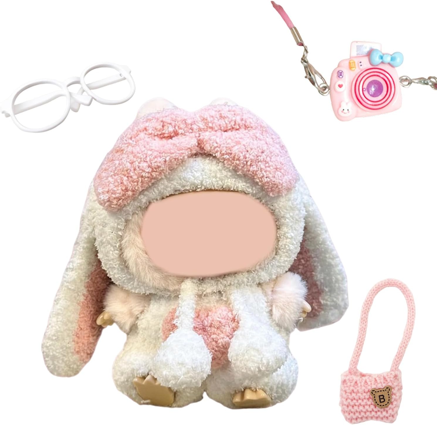 Dress to Impress Doll for Labubu, Doll Dress, Princess Style Costume Accessory Includes Bunny Ears Headband Overalls, White Glasses, Pink Bag, And Camera, Perfect for Kids and Collectors