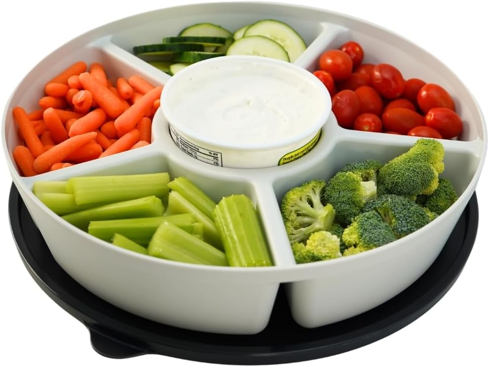 Heavy-Duty Divided Serving Tray with Leakproof Lid-6 Divided Compartments to Serve & Store Food, Snacks, Fruit Tray, Veggie Platter - 100% Made In USA by Tegriware (White)