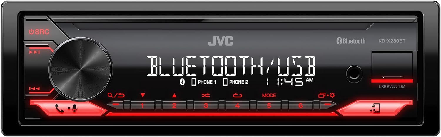 JVC KD-X280BT Bluetooth Car Stereo w/USB Port – AM/FM Radio, MP3 Player, High Contrast LCD, 50 Watts, Detachable Face Plate – Single DIN – 13-Band EQ