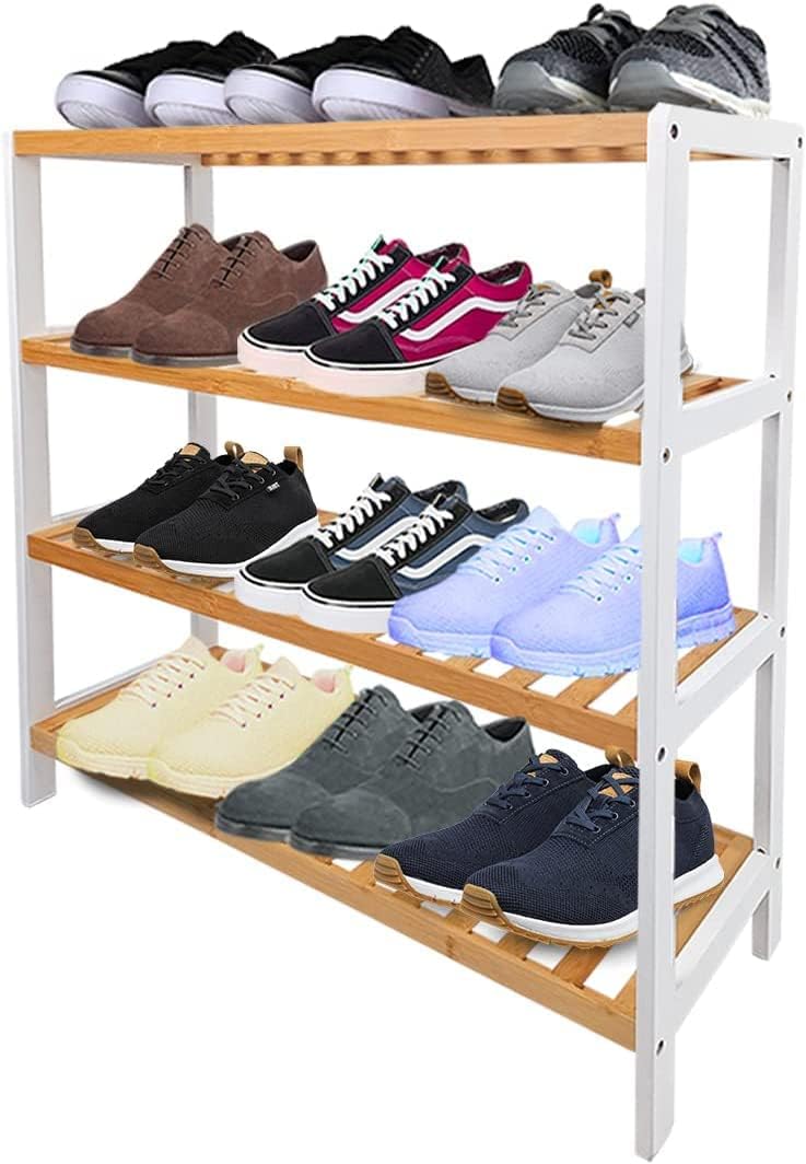 1ABOVE Bamboo Shoe Rack, Plant Rack, Perfect for Corridor, Living Room, Bathroom, Bedroom, Hallway or Small spaces- Natural & White (4 TIER)