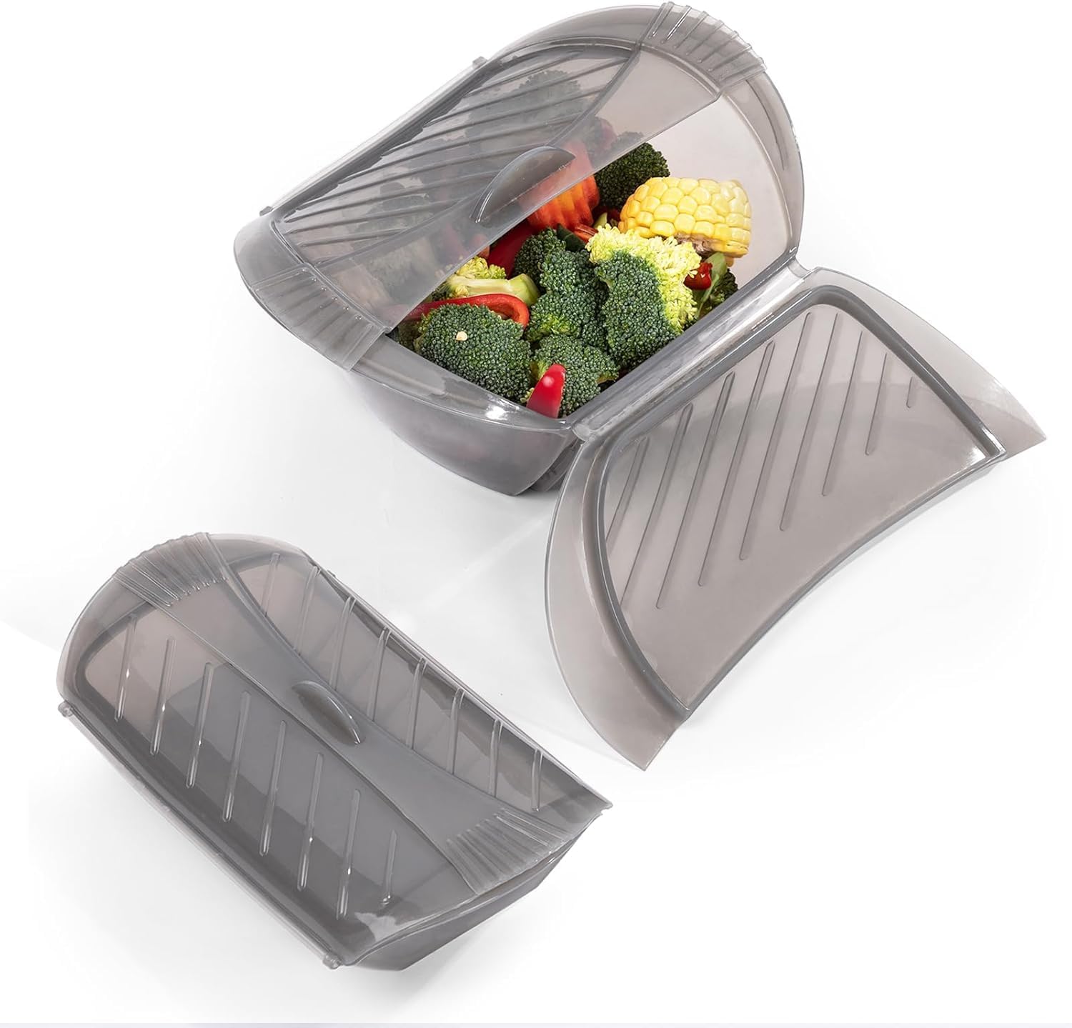 Microwave Cookware Steamer, Food Steamer for Cooking, 2Pcs Vegetable with Removable Rack for Vegetables Fish Prep Meal Food, 1.5QT & 0.75QT Cooker for Quick Dinner Meals, Grey