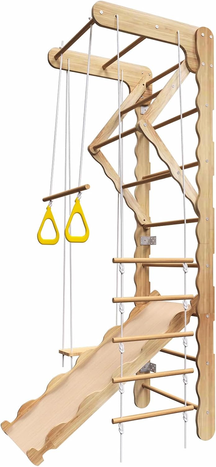 5-in-1 Wooden Indoor Jungle Gym for Kids, Wall-Mounted Swedish Ladder with Pull-Up Bar, Rings, Swing, and Slide – Montessori-Inspired Kids Playset for Fun & Development, Ages 3-8