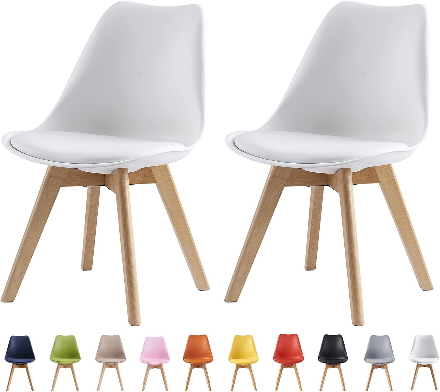 mcc direct Set of 2 Dining Chairs Wooden Legs Soft Cushion Pad Stylish DELUXE Retro Lounge Dining Office EVA (White)