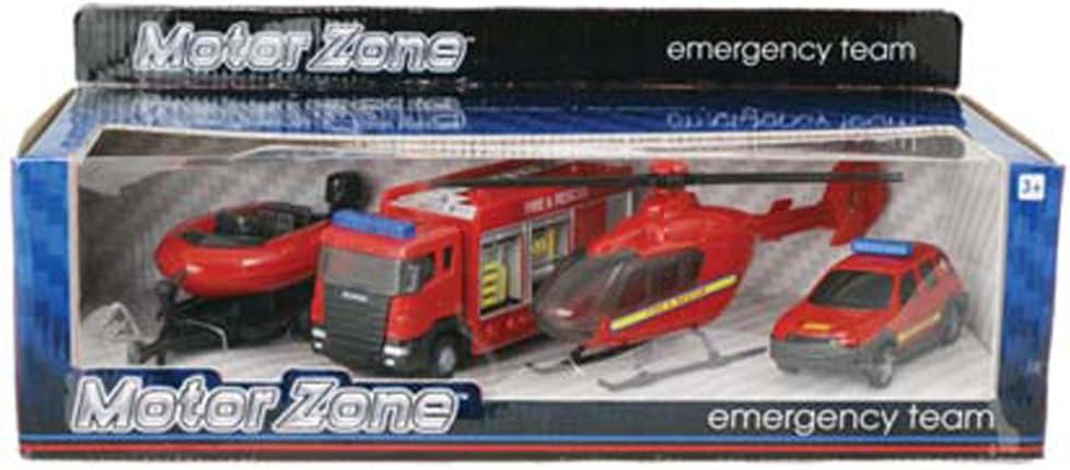 MOTOR ZONE from Peterkin | Fire & Rescue Emergency Team Toy Vehicles | 4-piece free wheeling set including Fire Engine, Car, Helicopter and Rescue Boat | 1:48 Scale | Diecast Vehicles | Ages 3+