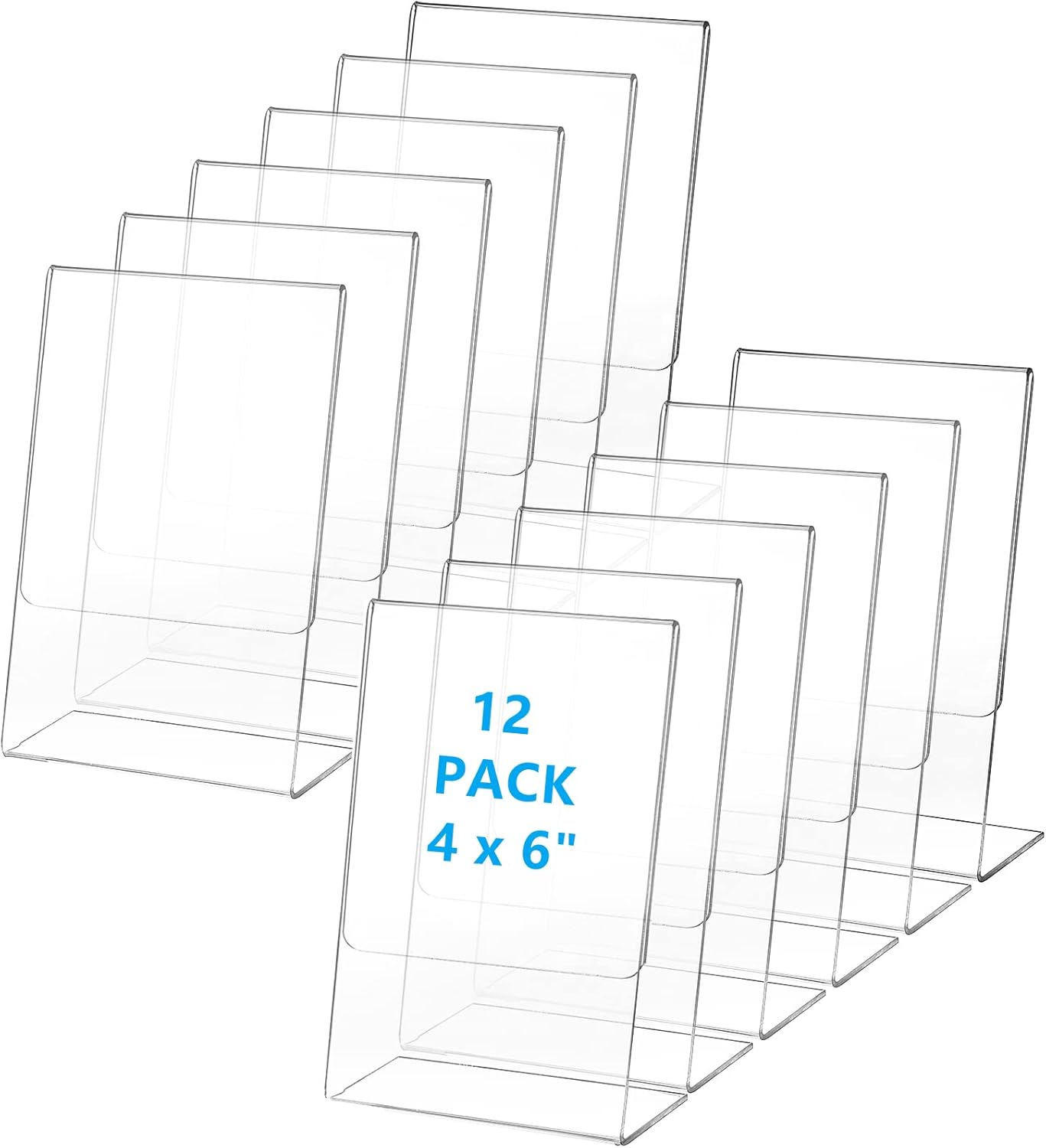 Frcctre 12 Pack Acrylic Sign Holder, 4 x 6 Inches Slant Back Clear Plastic Desktop Flyer Display Stand for Home, Office, Store, Restaurant