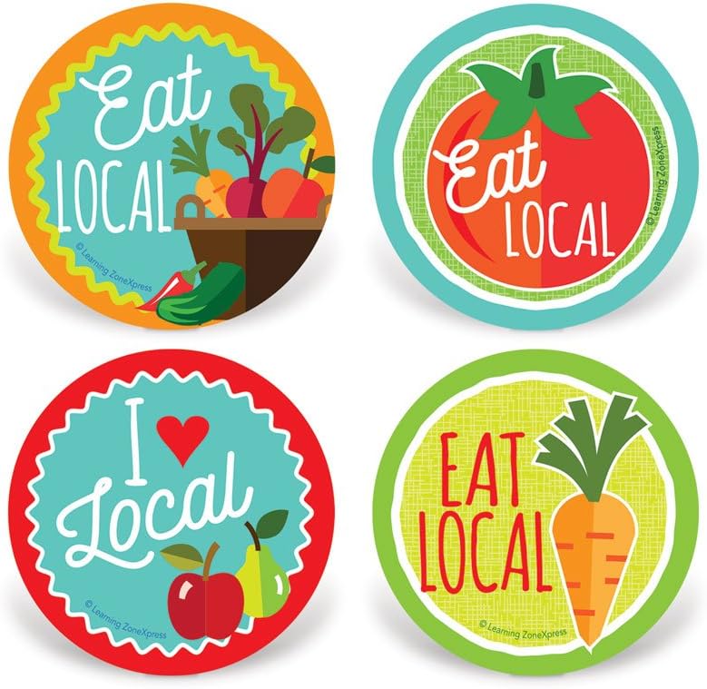 200 Farm to School Stickers | Eat Local Stickers | 2" Diameter, 4 Designs, 200 Stickers per roll