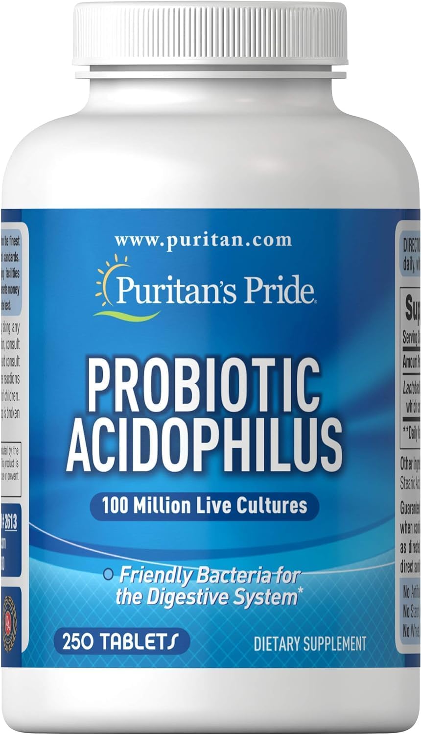 Puritan's Pride Daily Probiotic Acidophilus, 100 Million Live Cultures, Dietary Supplement for Digestive, Gut, and Immune Health, Soy, Sodium, and Gluten Free, 8 Month Supply, 250 Tablets