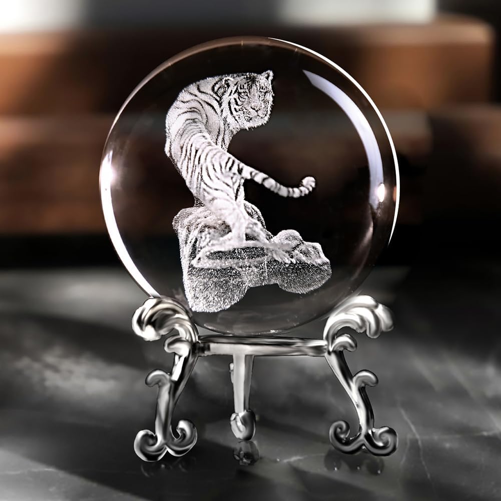 IFOLAINA 3D Tiger Crystal Ball 2.4" with Stand Glass Laser Engraved Tigers Ball Figurine Decorative Glass Ball Paperweights for Home Office