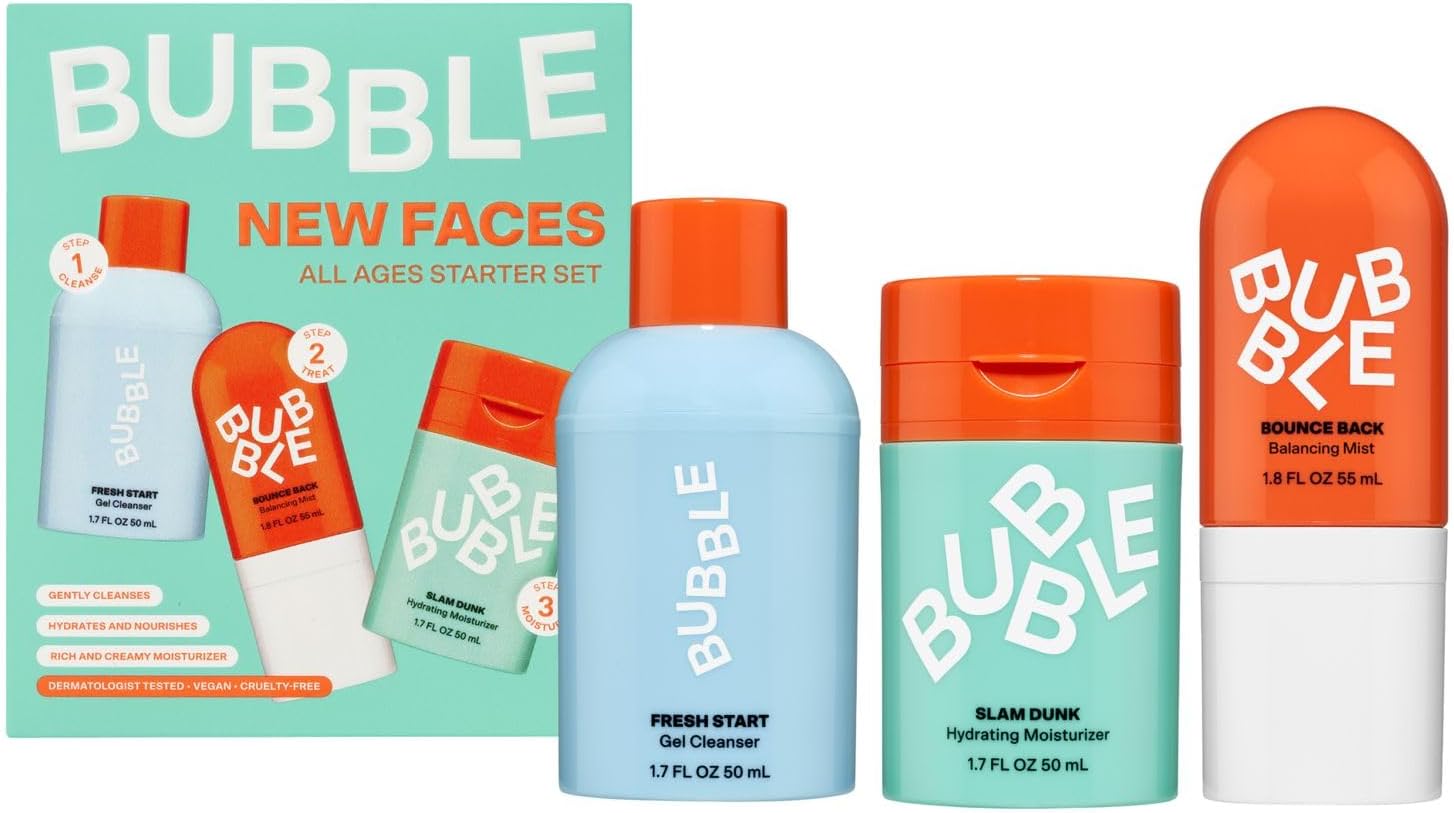 Bubble Skincare New Faces Gift Set - Skincare Set Includes Exfoliating Gel Cleanser, Balancing Facial Toner Mist + Hydrating Face Cream for Dry Skin - Skincare for Teens + Adults (3 Count)