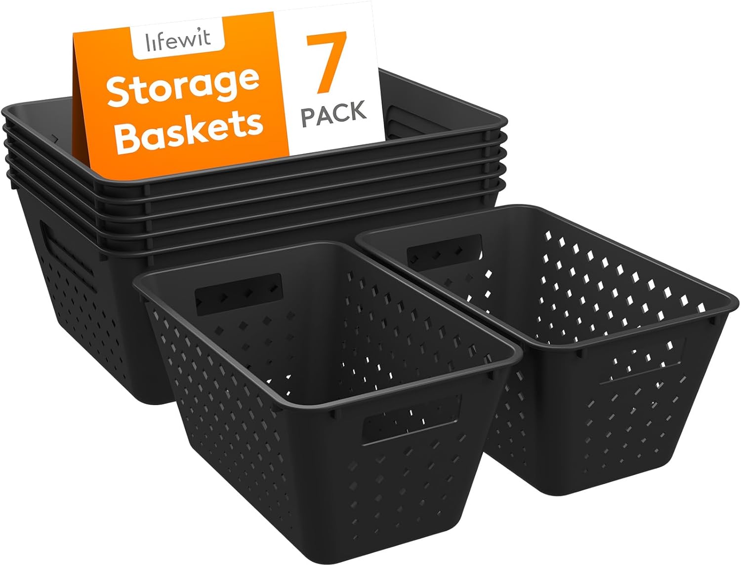 Lifewit Plastic Storage Basket, 7 Pack Stackable Storage Bins for Organizing, Multi Size Open Containers for Shelving, Pantry, Office and Cabinet, 5 Large and 2 Small Size, Black