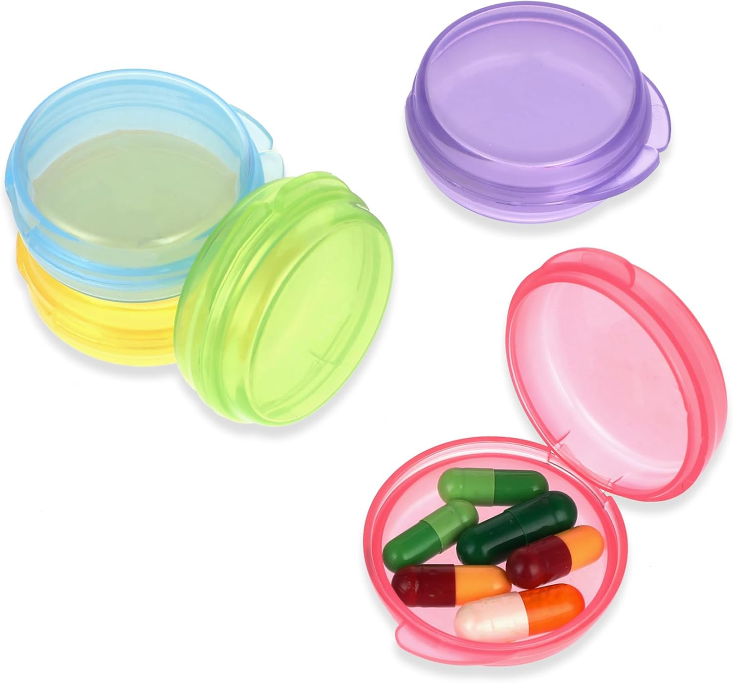 WLLHYF 5 Packs Mini Pill Case Small Pill Organizer Box Portable Vitamin Holder Travel Pill Container for Pocket Purse Pills Storage Box to Hold Medicine Cod Liver Oil (Yellow+Green+Blue+Purple+Pink)