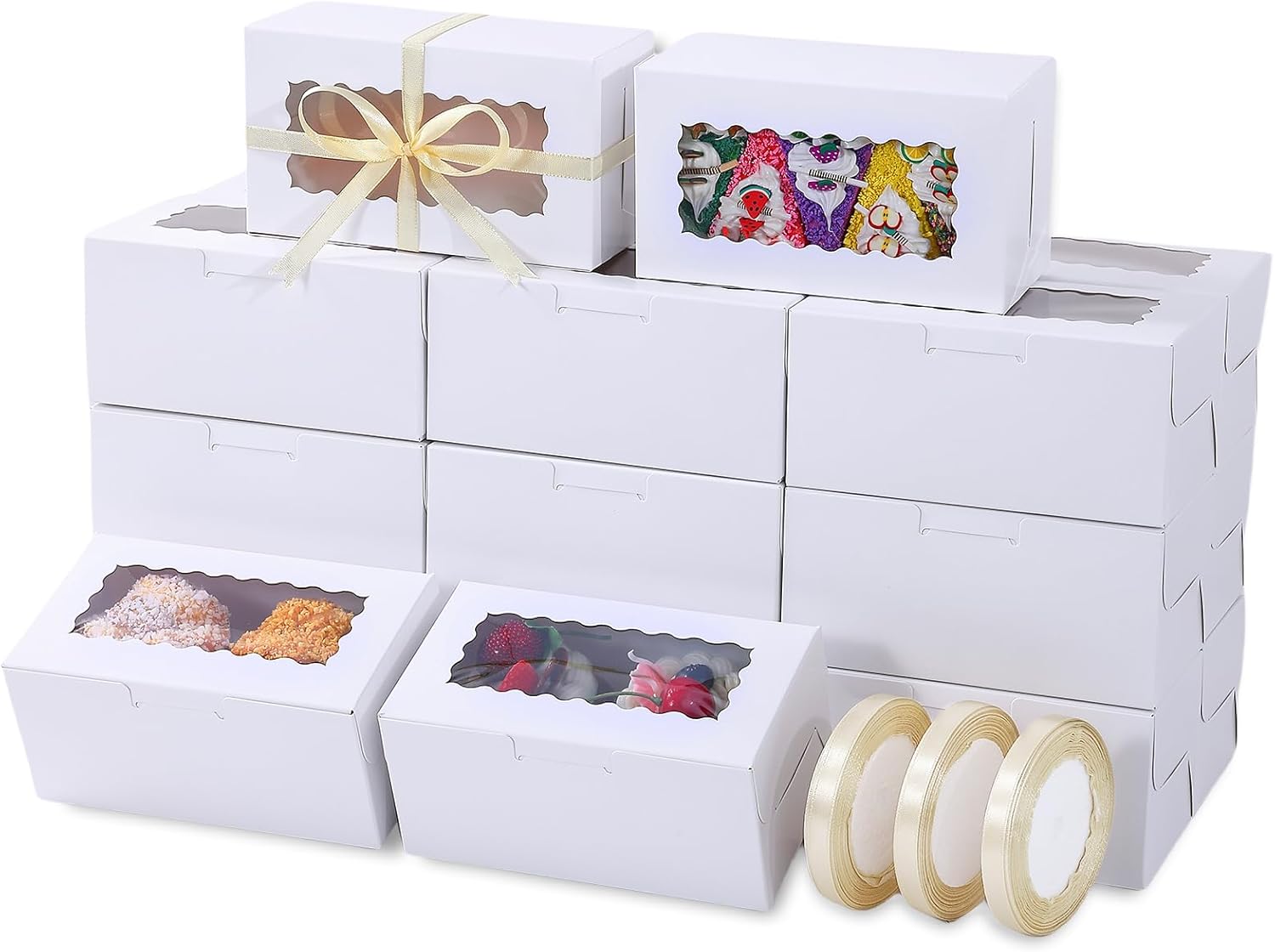 65 PCS White Bakery Boxes with Window - 6.29x3.54x2.95 Inches Small Bakery, Cookie, Pastry, Cupcake, Candy,Cake, Treat, Dessert Boxes, Small Gift Boxes for Party, Business(White)