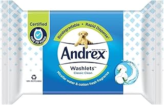 Andrex Classic Clean Washlets - Toilet Tissue Wet Wipes with Micellar Water - Flushable Washlets for a Shower Fresh Clean - Biodegradable and Plastic-Free - 4 Quad Pack (160 Wipes)