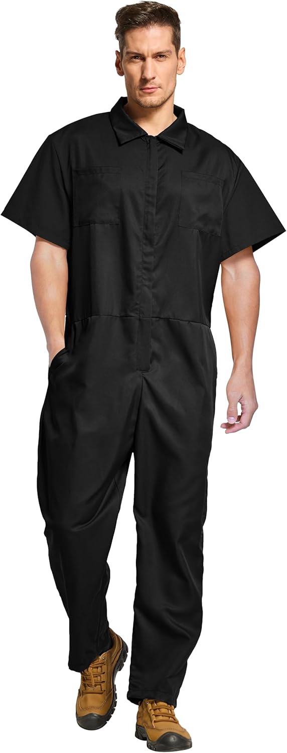 VOGRYE Lightweight Men's Short-Sleeve Work Coverall with Elastic Waist