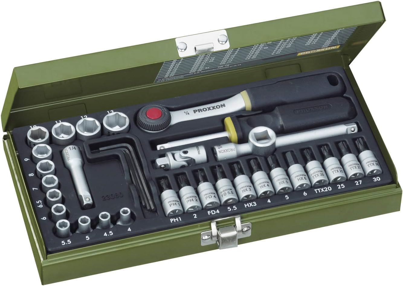 Proxxon 23080 Socket Set, Multi-Colour, 1/4-Inch, Set of 36 Pieces