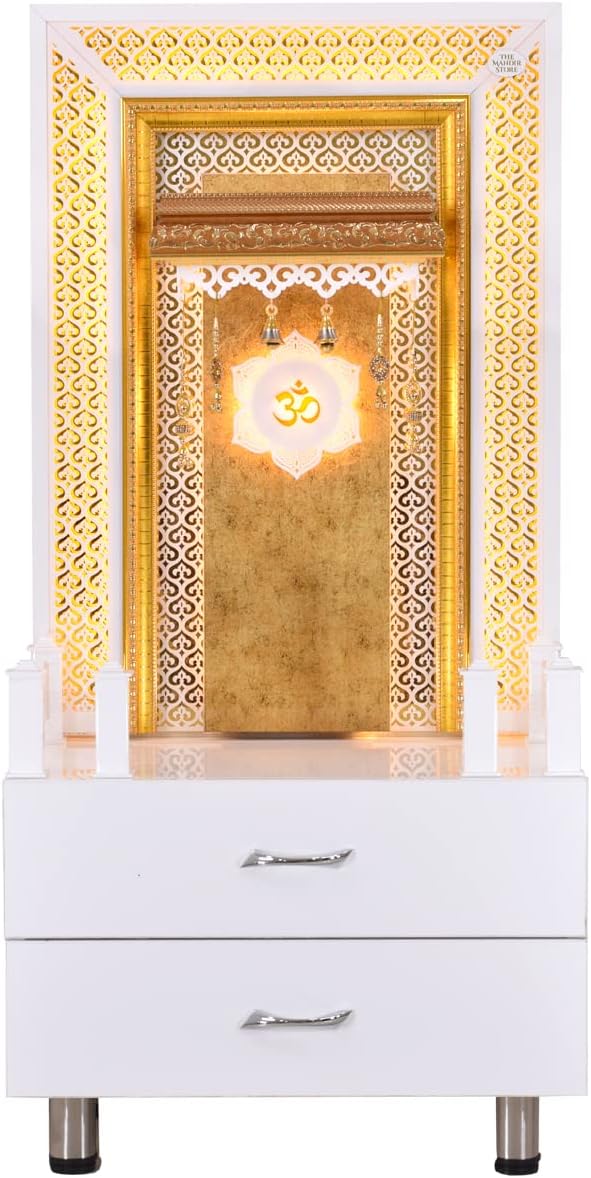 Aakrati Devyom Home Temple/Wooden Mandir/Puja Unit Glossy White Extra Storage Led Lights Size 24in (L) x 16in (B) x 50in (H)