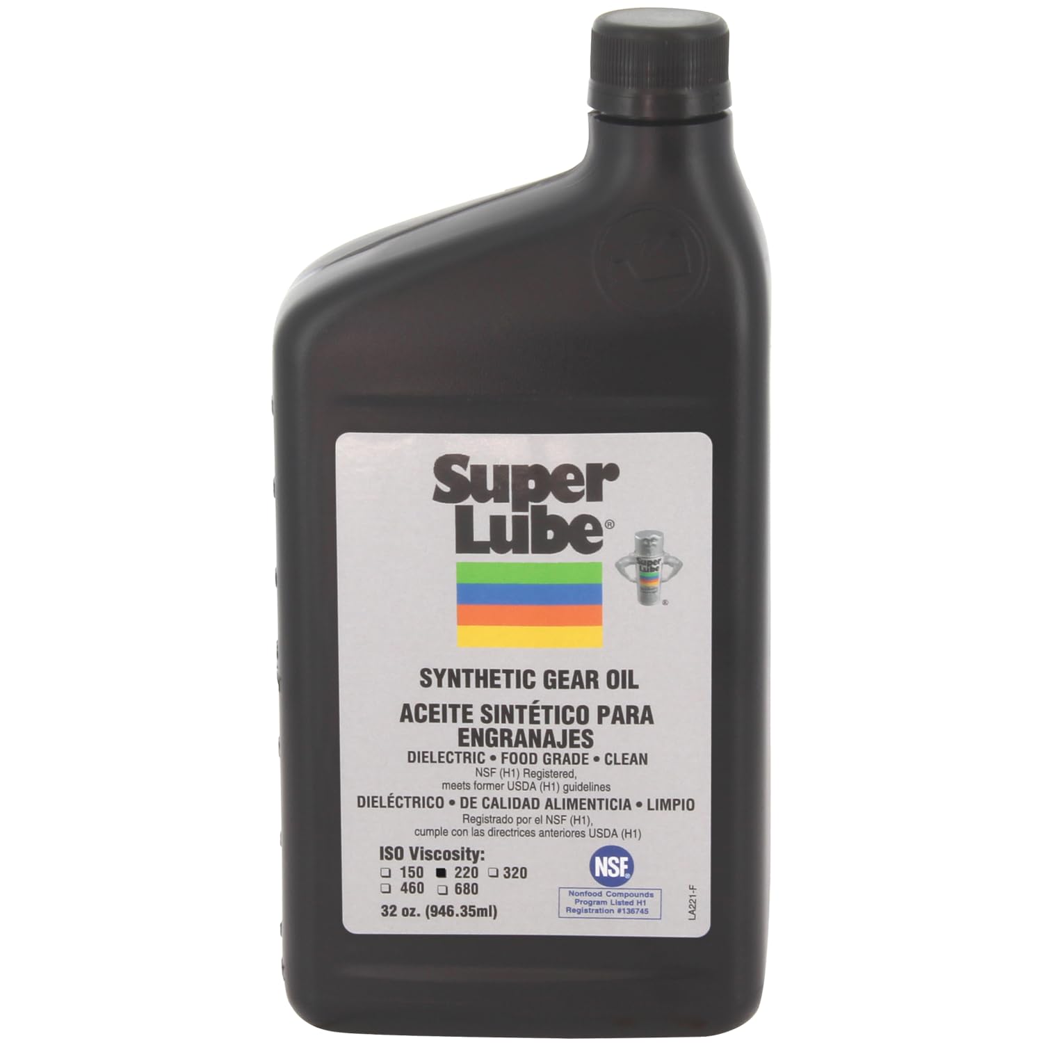 Super Lube Synthetic Gear Oil ISO 220 Hydraulic Grade (Translucent Amber, 1qt Bottle) | NSF Certified Food Grade & Clean | Heavy Film Lubricates & Cushions