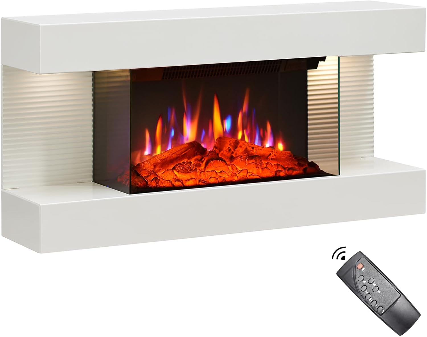 FLAMEKO Atacama 32"/82cm Wall Mounted Fireplace All-in-One with Downlights and Remote Control 1.8kW Heater in White