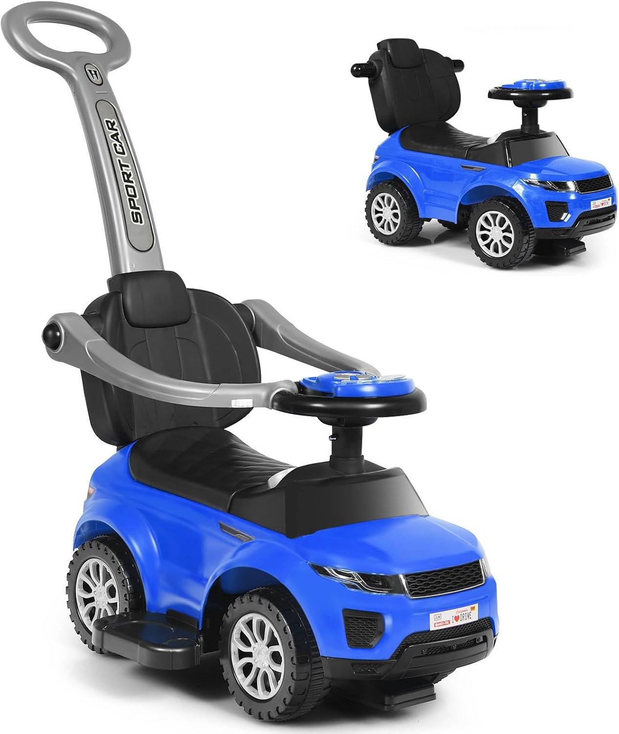 Maxmass 3-in-1 Kids Ride on Push Car, Toddler Foot to Floor Sliding Car with Removable Handlebar, Guardrail & Footrest, Music, Horn, Underneath Storage, Baby Slider Walker for Boys Girls (Blue)