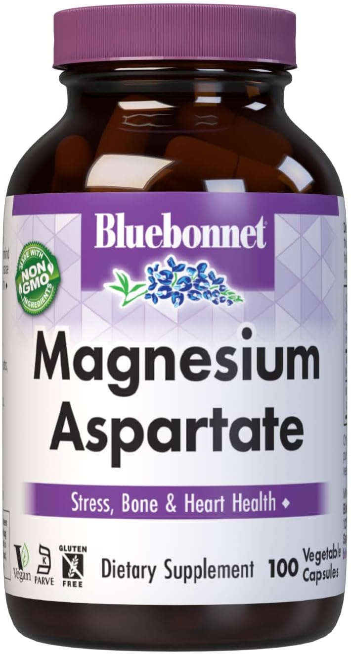 Bluebonnet Nutrition Magnesium 400 mg Chelated Magnesium Aspartate Daily Mineral, Heart & Bone Support* Supplement for Men & Women Vegan, Non-GMO - 100 Vegetable Capsules