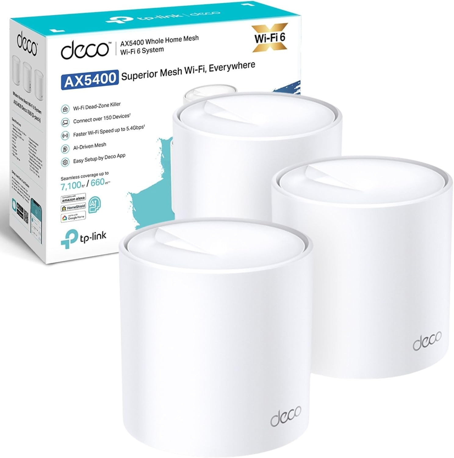 TP-Link Deco X60(3-pack) AX5400Mbps Whole Home Mesh WiFi 6 System, up to 7,100 Sq ft Coverage, AI Driven WiFi Booster, 1 GHz Quad-Core CPU, Compatible with Amazon Alexa, HomeShield Security,Easy Setup