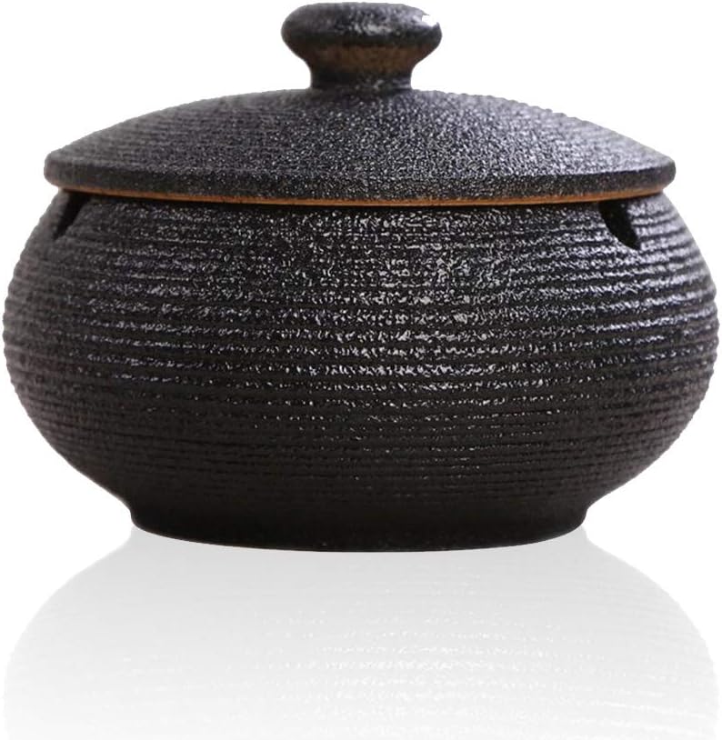 Lependor Ceramic Ashtray with Lids,Windproof,Cigarette Ashtray for Indoor or Outdoor Use，Ash Holder for Smokers,Desktop Smoking Ash Tray for Home Office Decoration - Black