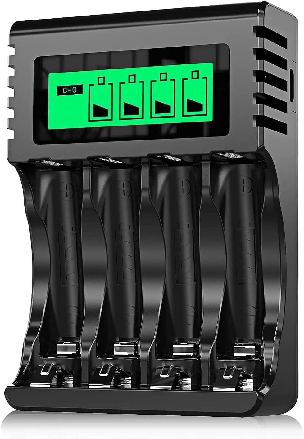 POWEROWL 4-slot AA AAA Battery Charger with LCD Display (USB Quick Charging, Independent Slot) for Ni-MH Rechargeable Batteries (Black)
