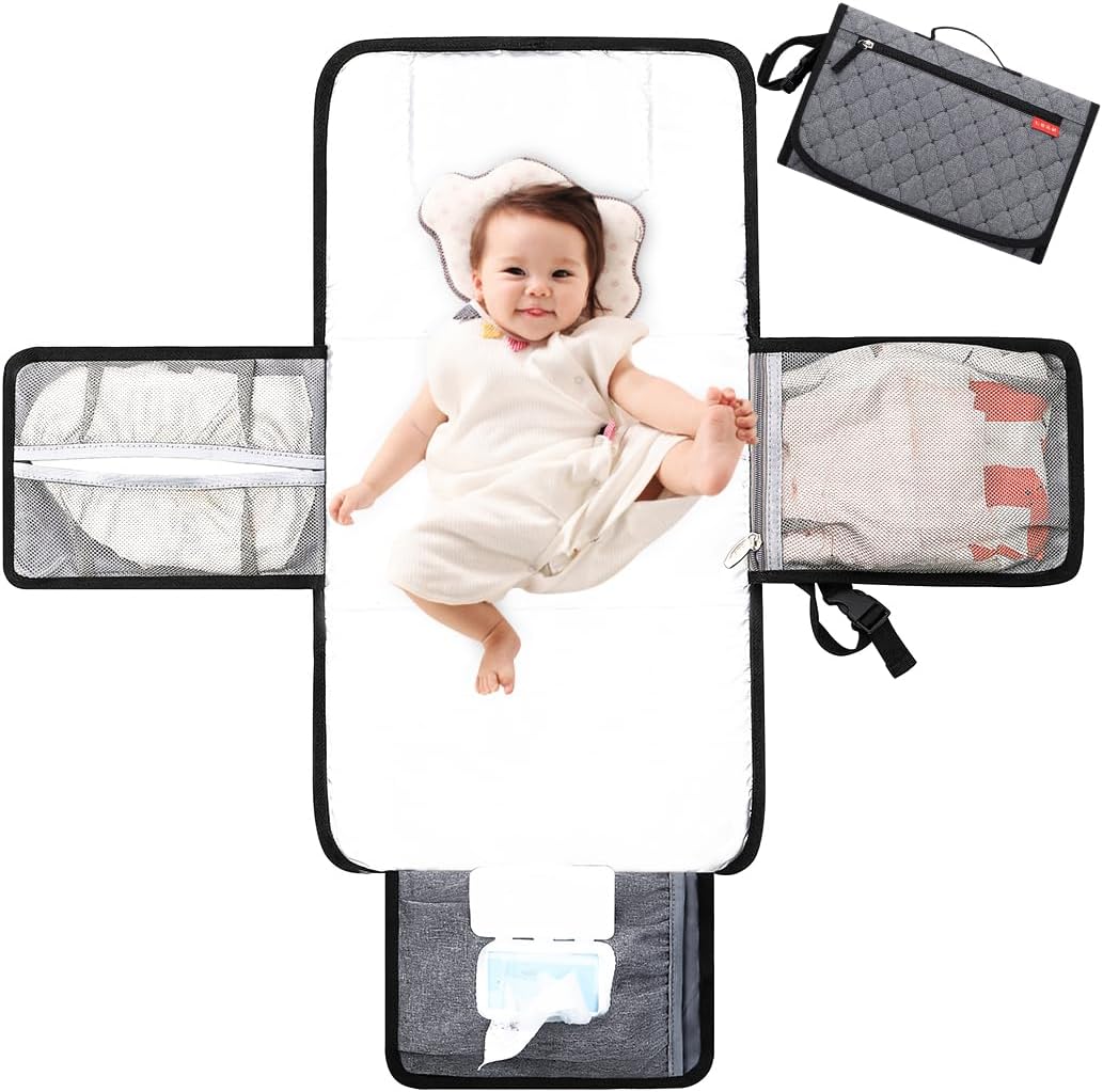 Lekebaby Portable Nappy Changing Mat Travel Baby Change Mat with Wipe-Pocket and Head Cushion, Diamond Quilting Grey