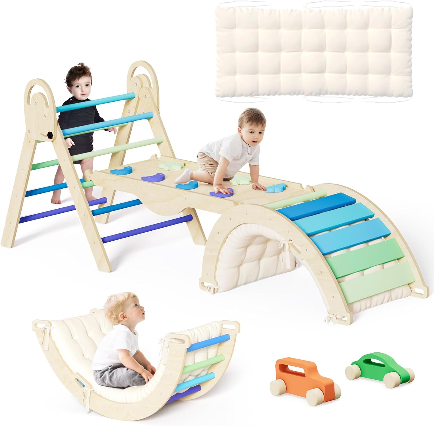 ElegantCrafts Pikler Triangle Set with Cushion, Montessori Climbing Set, Indoor Climb Toys, Indoor Playground Jungle Gyms, 9 Combinations Climbing Toy Set for Toddler, Baby, Kids 1-4
