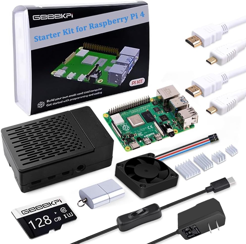 GeeekPi Starter Kit for Raspberry Pi 4 8GB - 128GB Edition, Case with PWM Fan, 18W 5V 3.6A Power Supply with ON/Off Switch, Cables (8GB RAM)