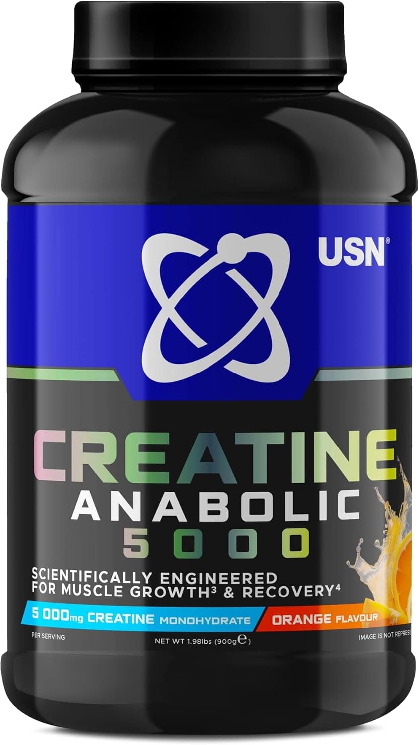 USN Creatine Anabolic 5000 – All-in-One Muscle Growth & Recovery Powder, 5000mg Creatine Monohydrate + 3000mg BCAAs, Low Sugar, Orange Flavour, 900g (30 Servings) - New Formula