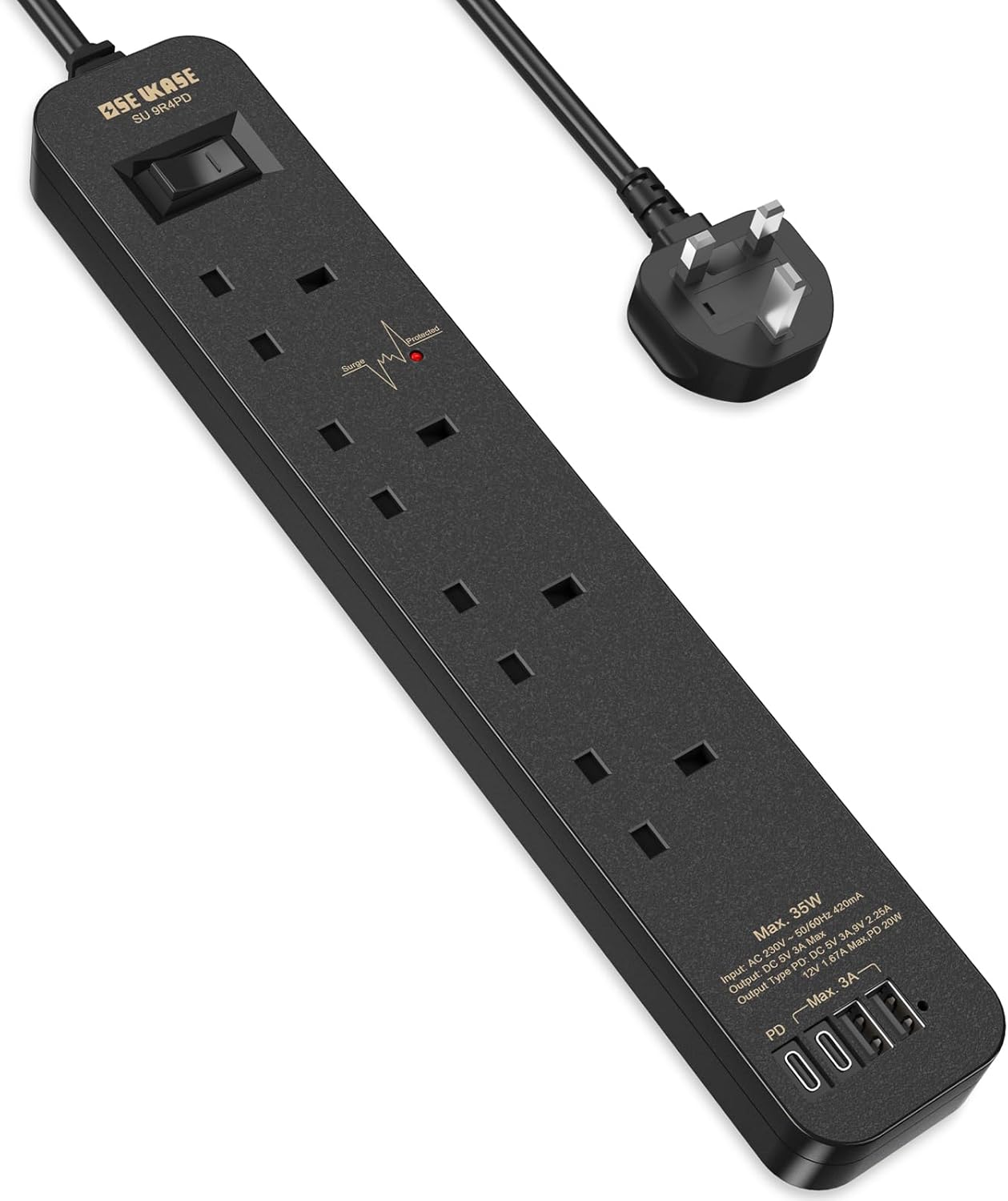 SE UKASE Extension Lead Power Strip Tower, 4 Way Socket 1200 Surge Protection with 2M /6.56FT Long Extension Cord Multi Plug 2990W Safety Shutter for TV PC Laptops Tablets