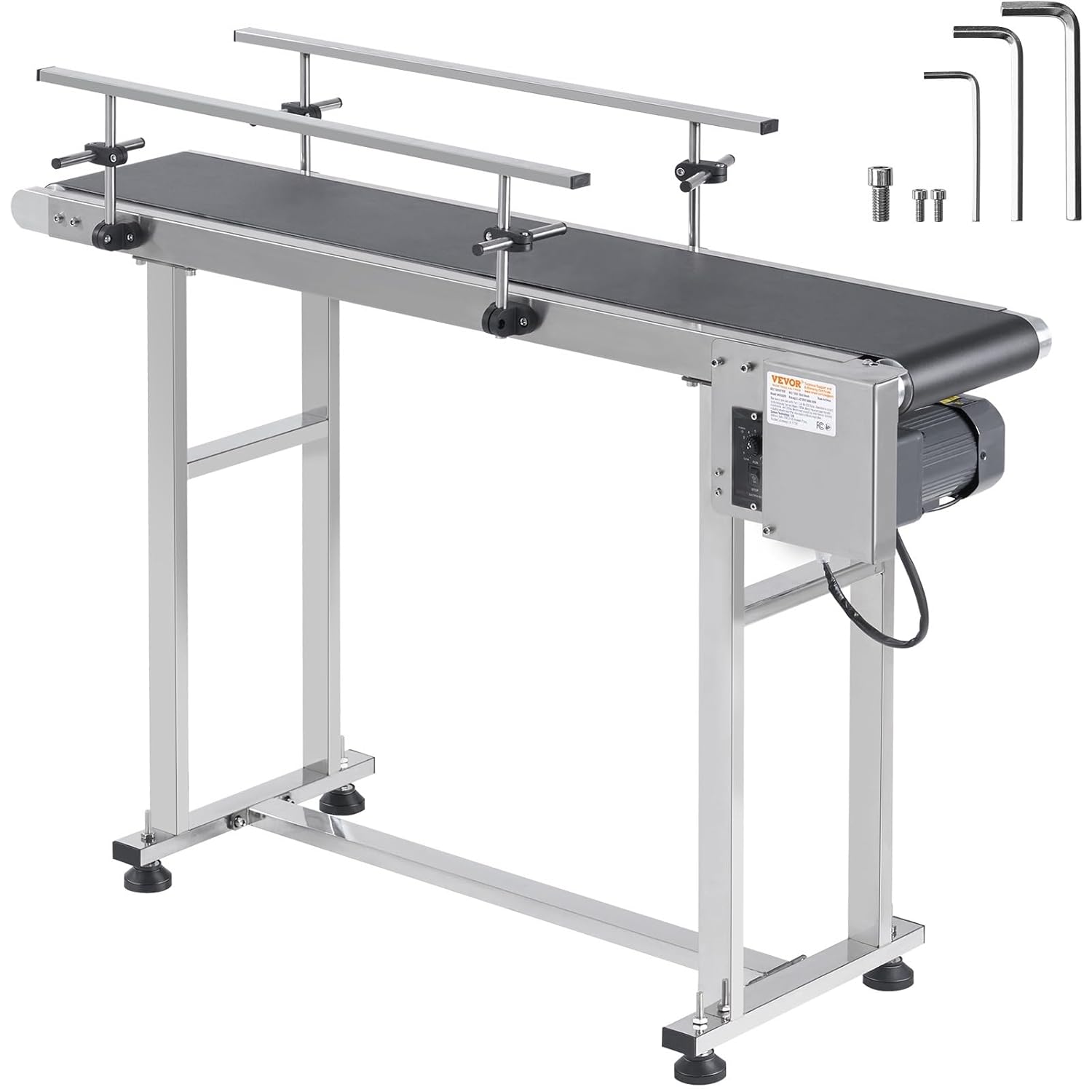 VEVOR PVC Belt Conveyor 47″x 7.8″, Electric PVC Conveyor 110V Adjustable Automatic Speed, Conveyor Machine with Double Guardrail, in Stainless Steel, Industrial Transport Equipment