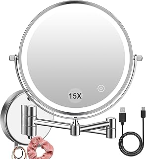 1X/15X Wall Mounted Makeup Mirror with Hook, USB Rechargeable LED 3 Color Lights Two Sided 8 Inch Magnifying Mirror, Touch Switch Intelligent Shutdown 360° Vanity Mirror for Bathroom Hotel