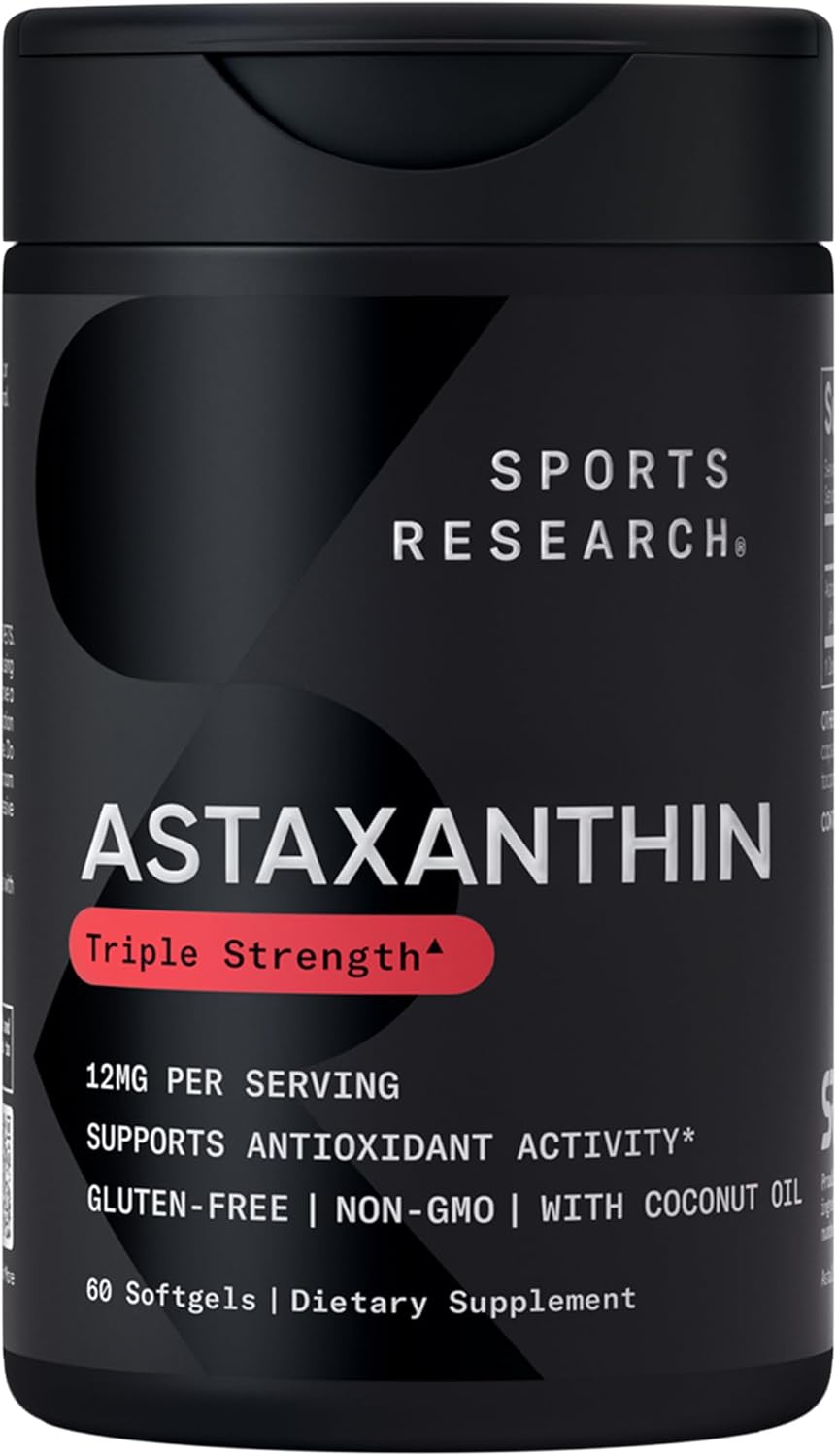 Sports Research® Icelandic Astaxanthin 12mg w/Coconut Oil, 60 Softgels | Triple Strength Antioxidant Supplement for Skin & Eye Health Support* | Soy-Free, Non-GMO, Gluten-Free