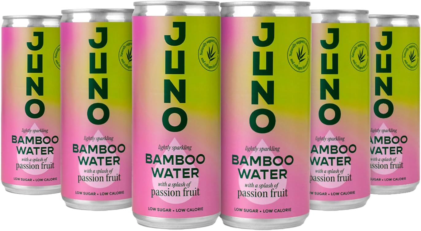 Juno Bamboo Water - Passion Fruit Sparkling Water | Flavored Bamboo Sparkling Slim cans | Non Alcoholic Drinks | Low Calories, Vegan, Natural Antioxidants & Vitamins | 6X250ml
