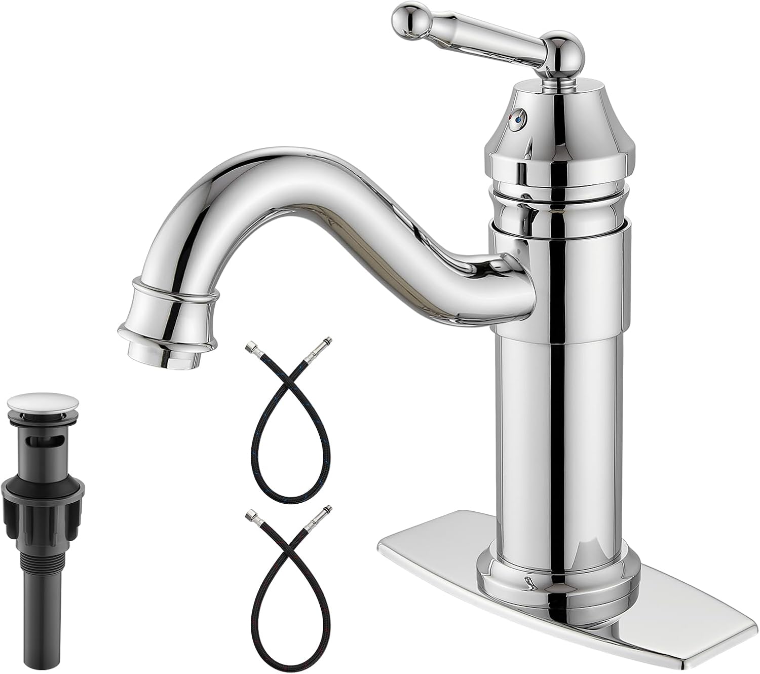 Heyalan Bathroom Basin Sink Faucet Brass One Hole Single Handle Lavatory Fixture Deck Mounted Vanity Mixer Tap Hot and Cold Water Pop Up Drain Included,Spout Reach 7.09 Inch,Polish Chrome